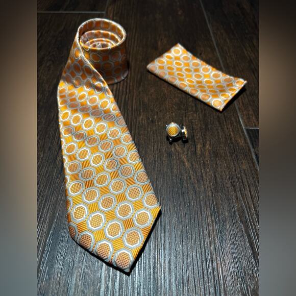 3 Piece Tie Set Rich Orange with Silver Heptagon Print 57.5” x 3.25” - Picture 2 of 4
